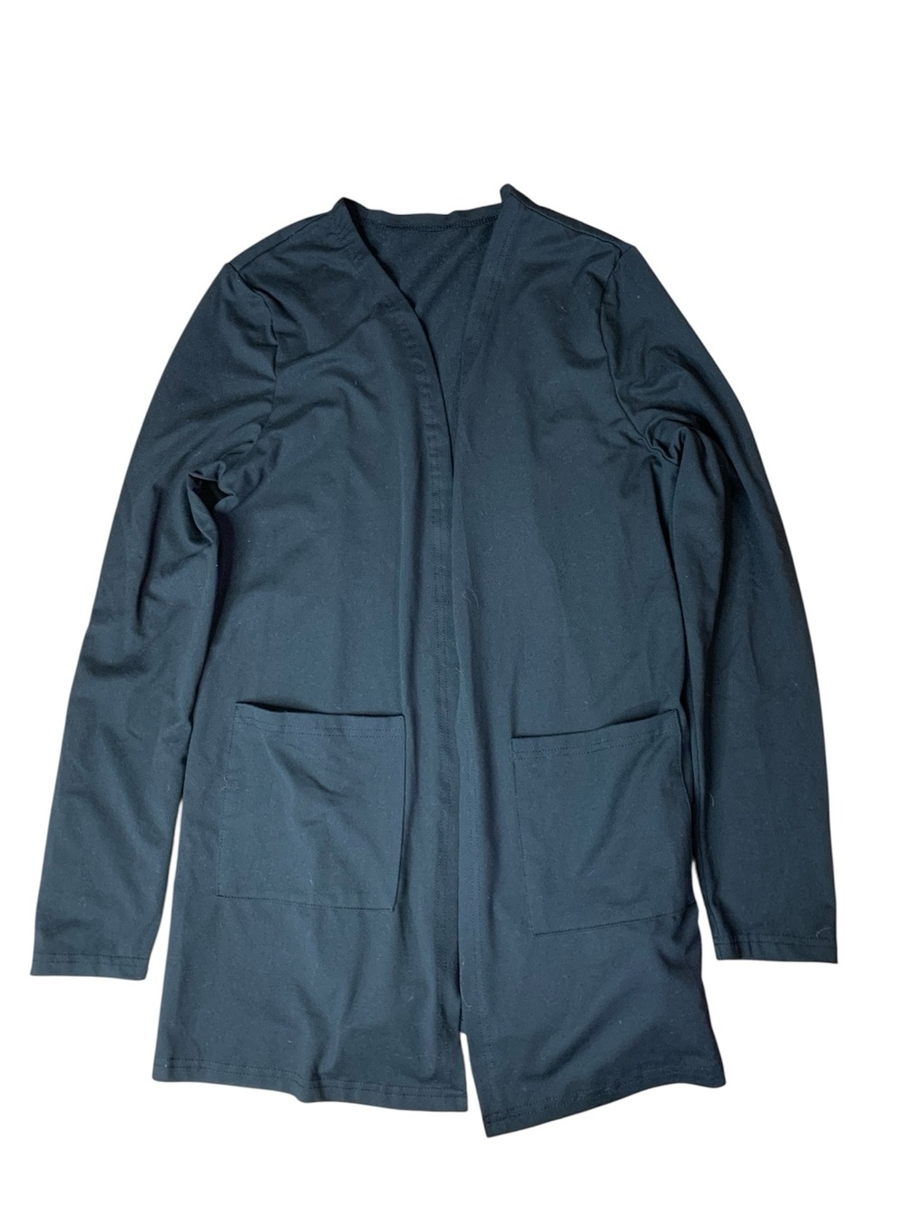 Black Open-Front Mid-Length Duster Cardigan with Pockets - Size Small